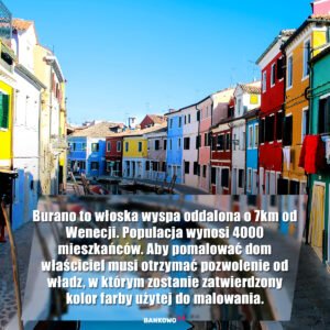Burano to włoska wyspa oddalona o 7km od Wenecji. Populacja wynosi 4000 mieszkańców. Aby pomalować dom właściciel musi otrzymać pozwolenie od władz, w którym zostanie zatwierdzony kolor farby użytej do malowania.