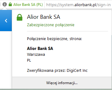 Sprawdzanie Certyfikatu SSL oraz adresu witryny Alior Bank