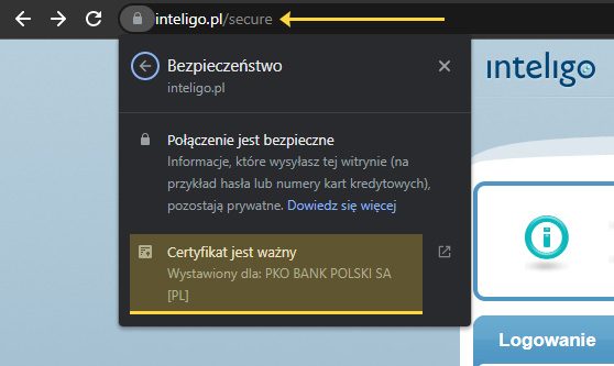 Oficjalna witryna Inteligo wraz z aktywnym certyfikatem SSL od Banku PKO BP